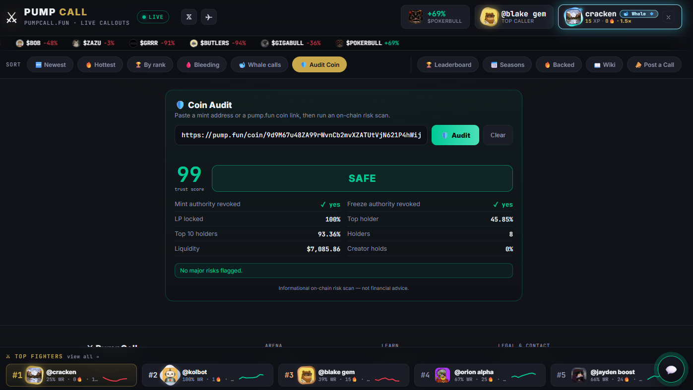 Coin Audit — trust score and on-chain risk scan