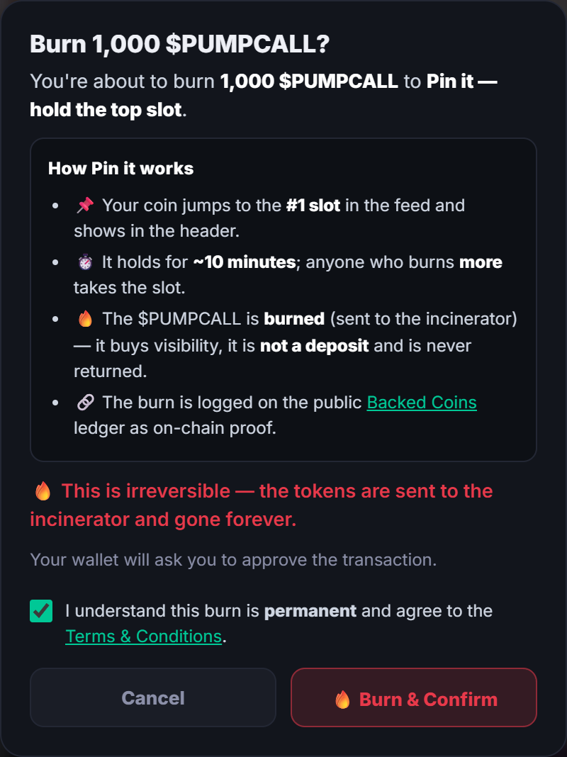 Pin it burn confirmation — explains how pinning works, warns the burn is irreversible, and gates the action behind a Terms agreement checkbox