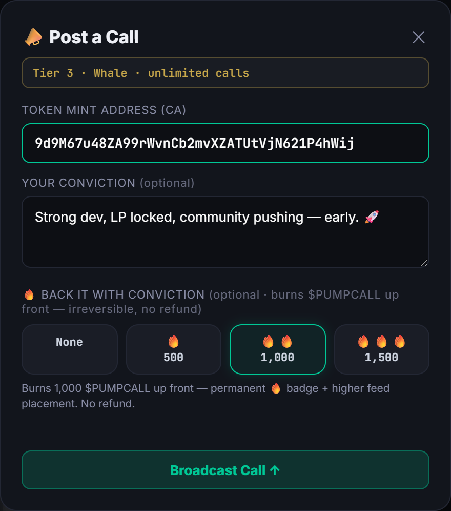 Post a Call — broadcast your own coin and back it with conviction