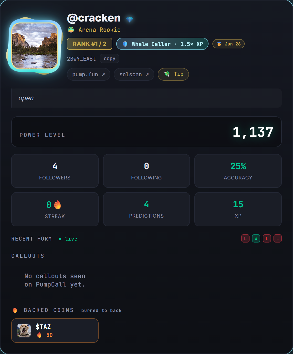 A caller profile — rank, accuracy, streak, win/loss form and XP