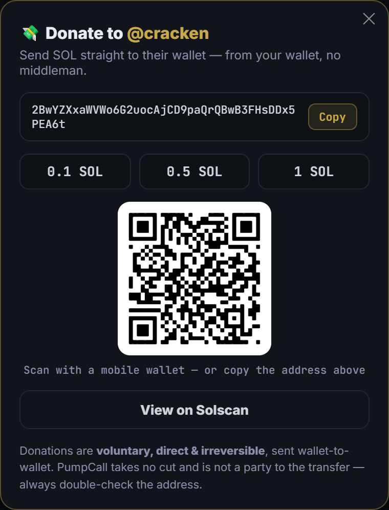 Tip a caller in SOL — wallet address, presets and QR