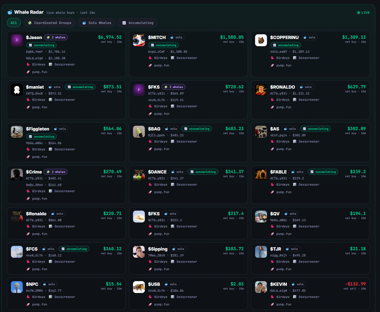 Whale Radar — live whale buys across pump.fun